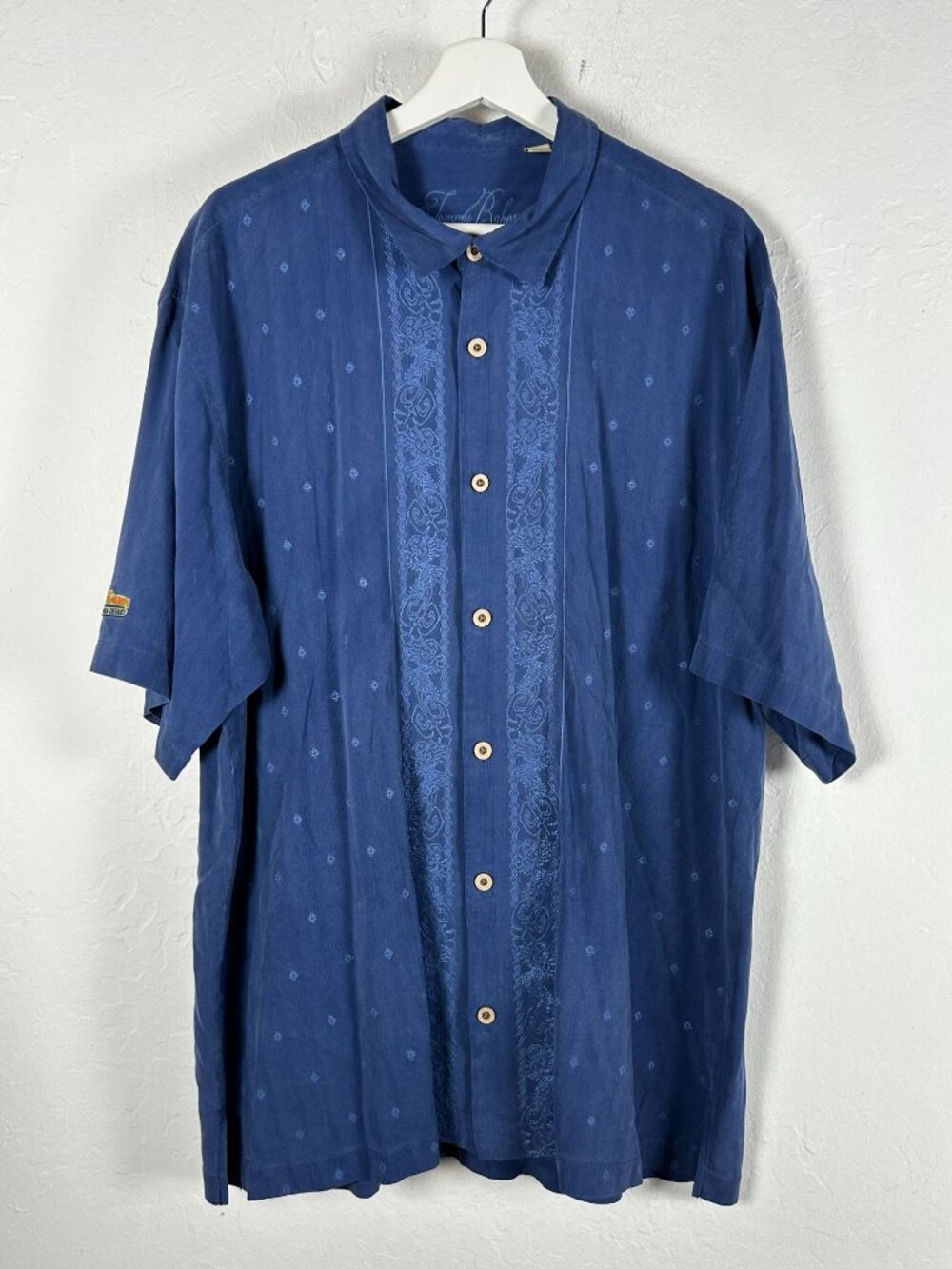 Tommy Bahama XL Blue Silk Embroidered Button-Up Camp Shirt Beach Street Farms
